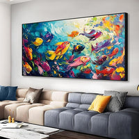 School of Fish Printed Canvas Wall Art – Framed Abstract Ocean Print – Vibrant Fish Wall Decor for Living Room, Bedroom, Office (Gold Framed, 55"x27"|140x70cm)