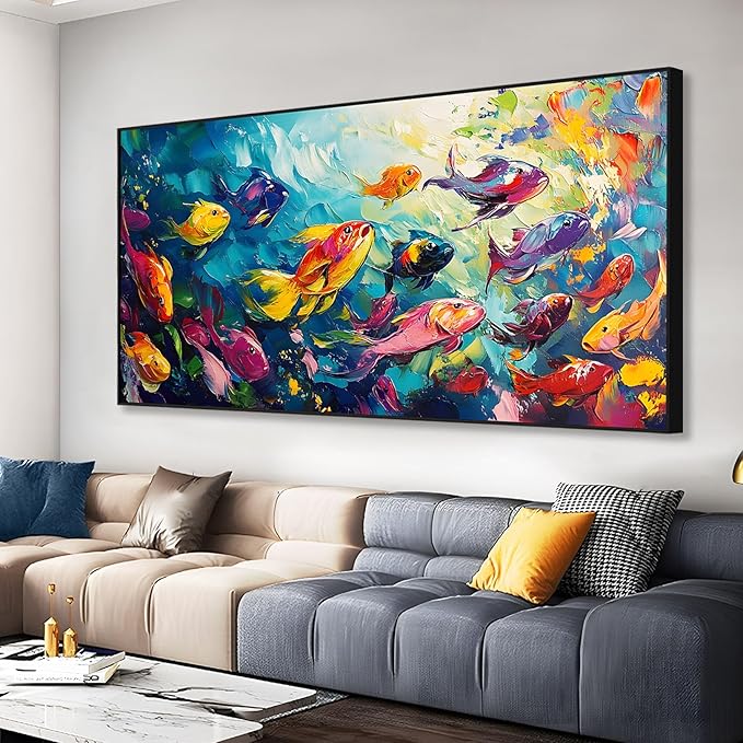 School of Fish Printed Canvas Wall Art – Framed Abstract Ocean Print – Vibrant Fish Wall Decor for Living Room, Bedroom, Office (Gold Framed, 55"x27"|140x70cm)