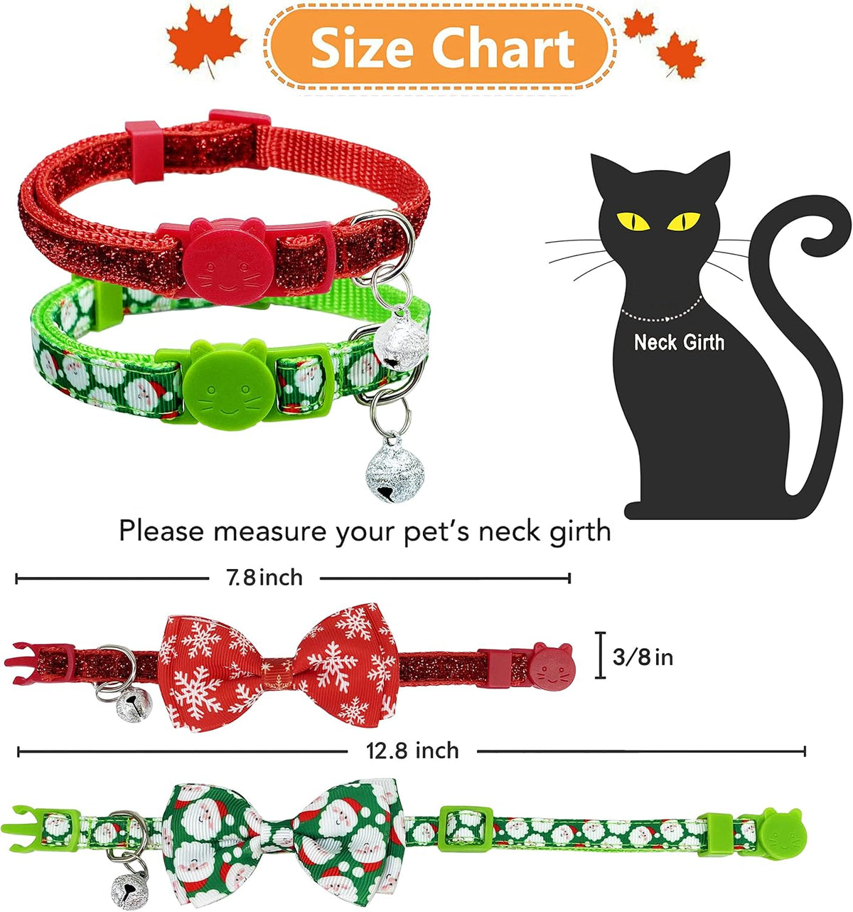 2 Pack Halloween Cat Collars with Bells, Breakaway - Christmas Santa Snow - image 3