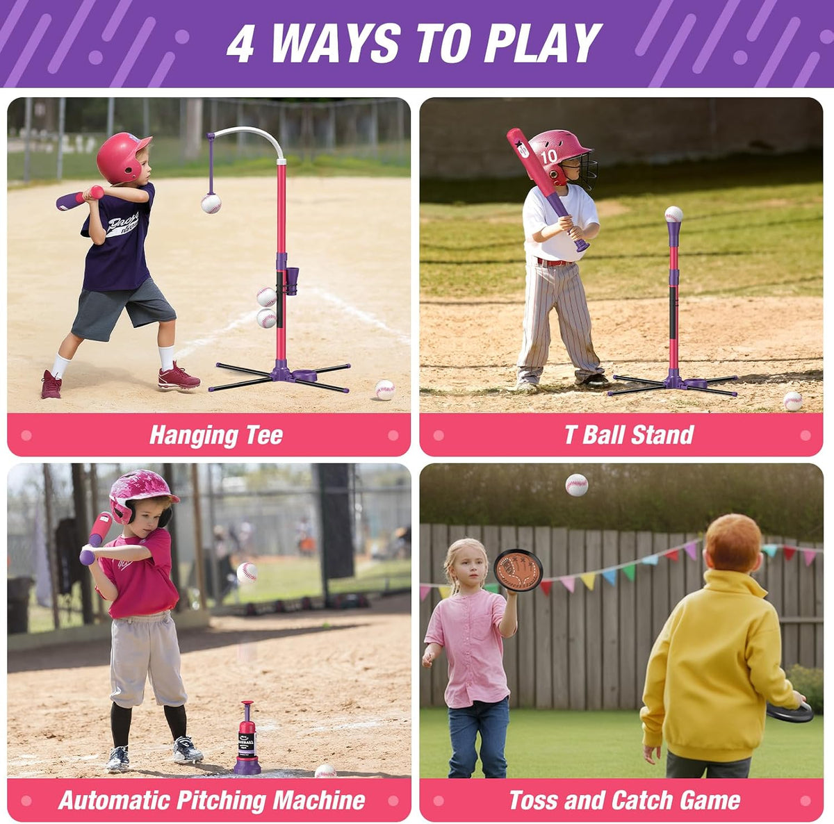 QDRAGON 4-in-1 T ball set for kids with bats, softballs, tee stand and catch paddles - view 7