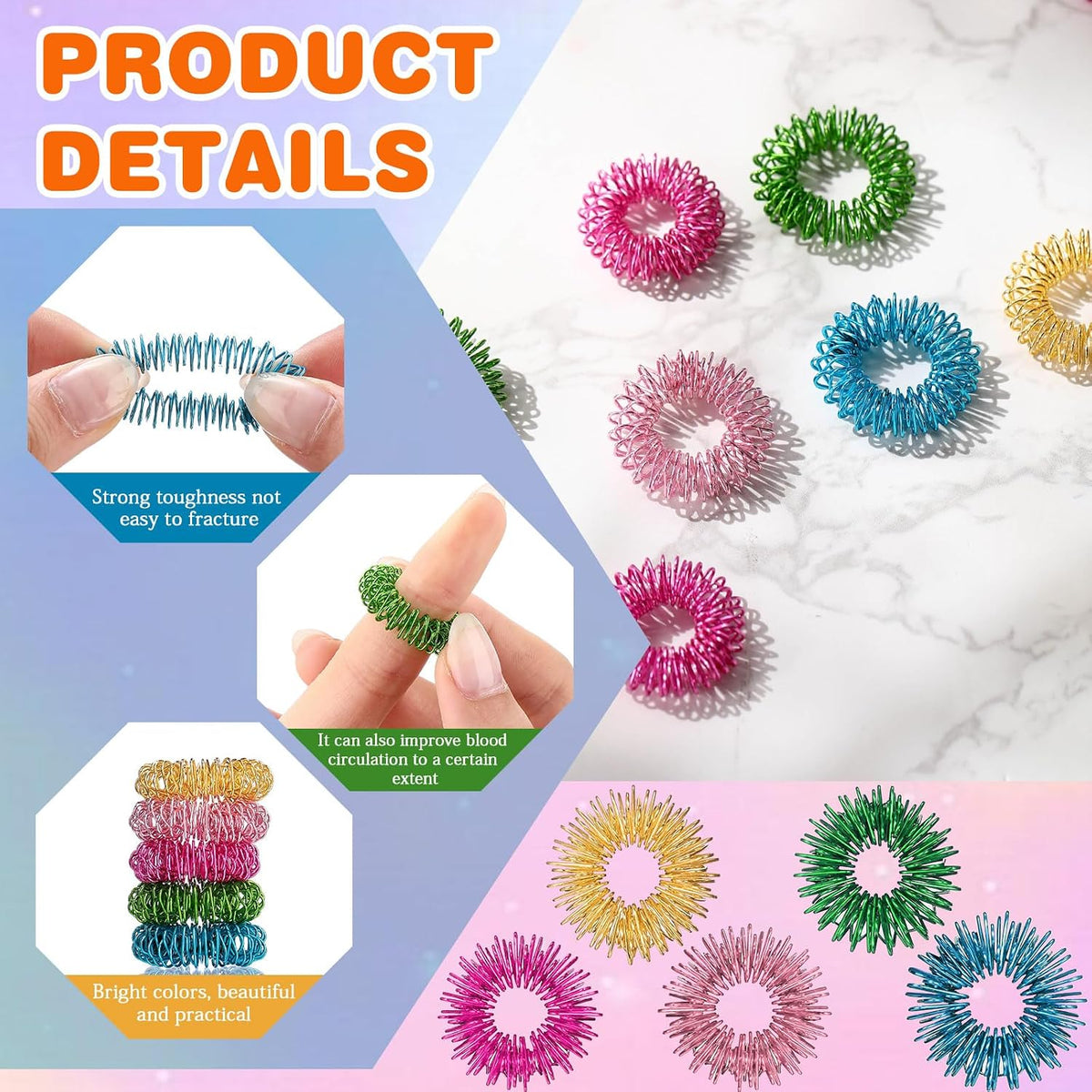 Tondiamo 100 Pack Spiky Sensory Acupressure Finger Rings - Vivid Colors - image 3