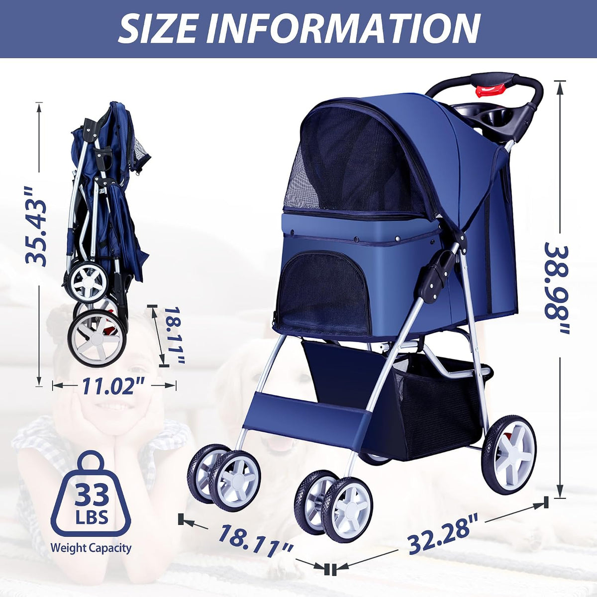 Unisakey Foldable 4-Wheel Pet Stroller for Dogs Cats 10-33lbs - Navy Blue - image 2