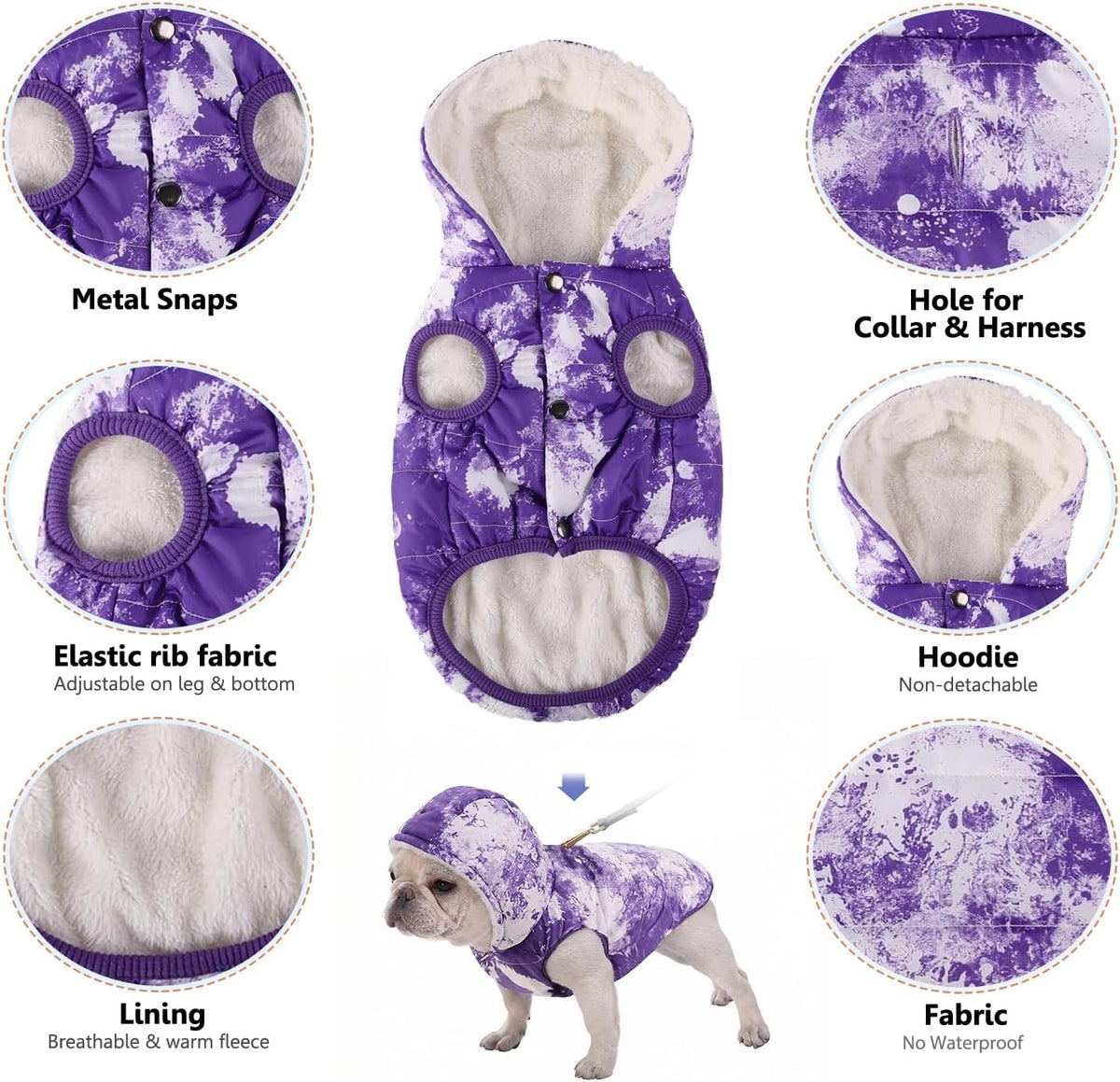 Dog Winter Coat,Warm Fleece Lined Dog Jacket with Leash Hole & Hood – Essentials for Dogs - TiedyePurple / XXX-Large - image 4