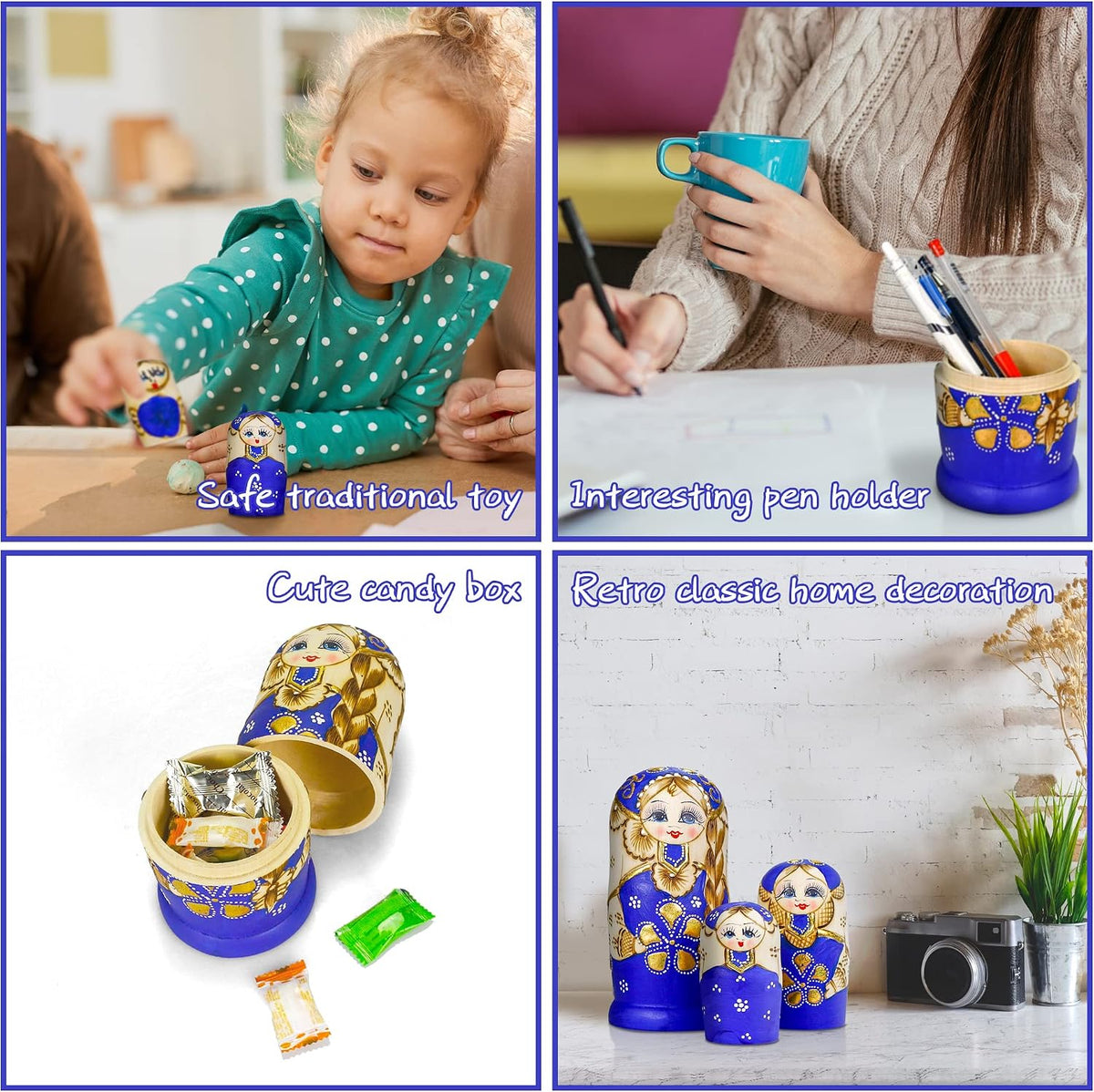 Starxing Russian Nesting Dolls Wood Matryoshka Stacking Set of 7 - Blue - image 3