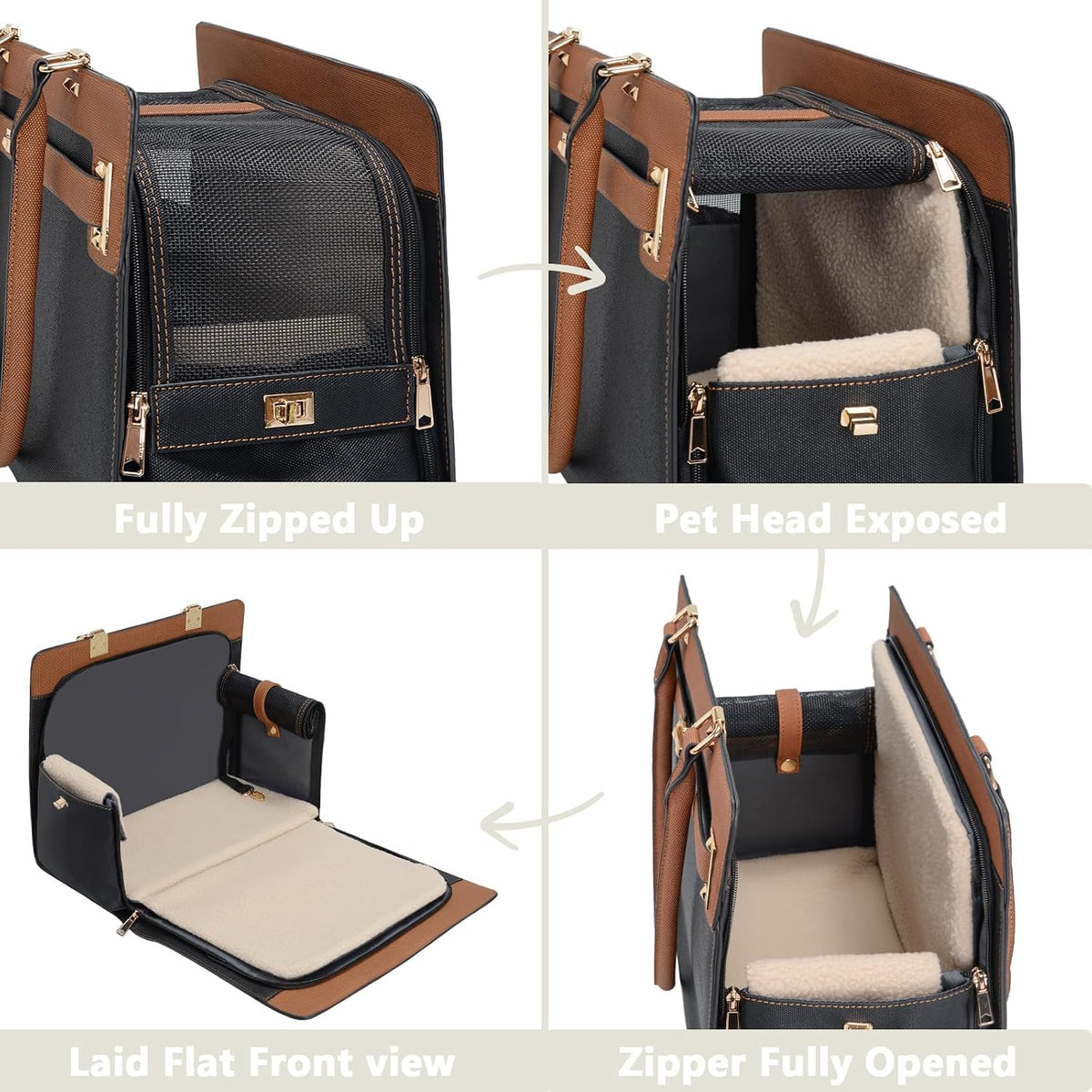2-in-1 Stylish Dog Purse Carrier Travel Tote Bag for Small Dogs Cats - Black+Brown / 15" L x 7.5" W x 12.2" H - image 4