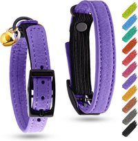 WAUDOG Leather Cat Collar with Bell Elastic Strap Stretchy Kitten - Purple / 6.5" - 8" Without Holder