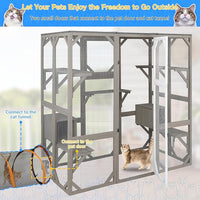 Catio Outdoor Cat Enclosure Cat House, Large Wooden Walk-in Cat Cage Condo Indoor Playpen with Multi Platforms, Flat Roof, and 2 Resting Box (Grey, 70.9" L x 36.5" W x 70.9" H)