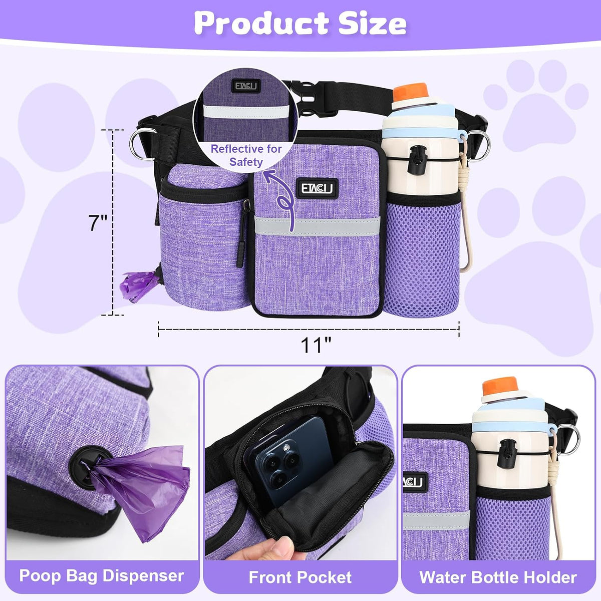 ETACCU Hands Free Dog Leash with Phone Pouch - 2 Dog Purple - image 2