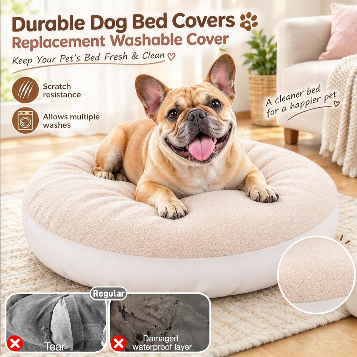 Dog Bed Covers Replacement Washable for Round & Donut Dog Bed 100% - Beige-36" x 36" x 10" - image 4