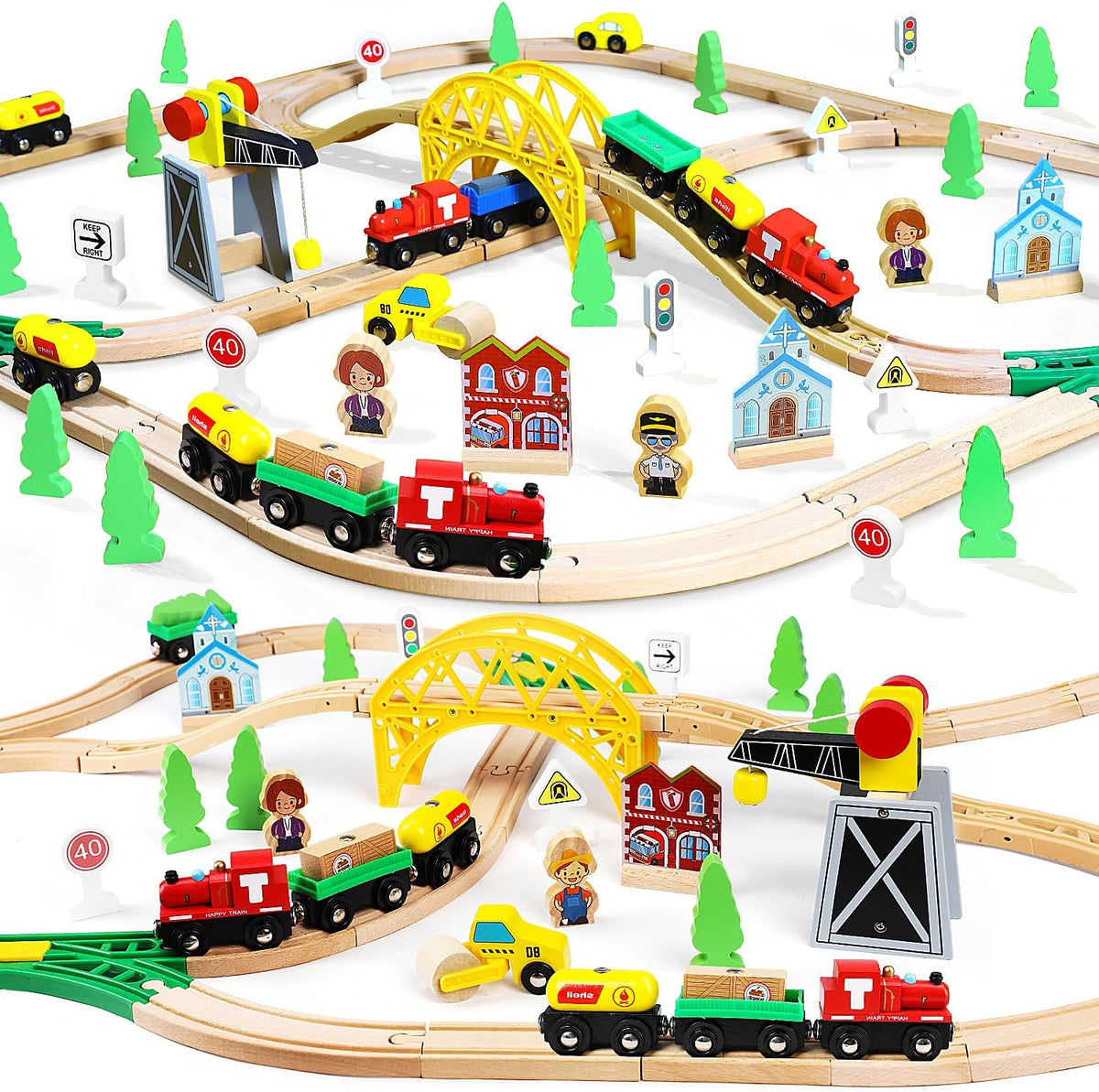 TOY Life Wooden Train Set with Crane, 60-Pc Track, Boys 3-8 – Fun for Kids & Family - 60 PCS Wooden train set
