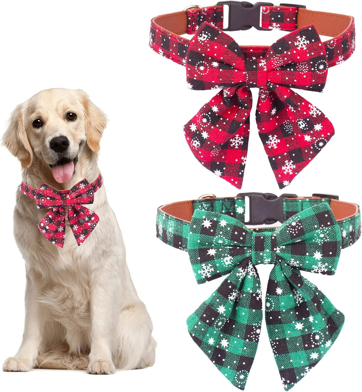 ADOGGYGO Fall Plaid Dog Collar 2 Pack, Thanksgiving Dog Bow Tie - Large / Christmas Bow-2