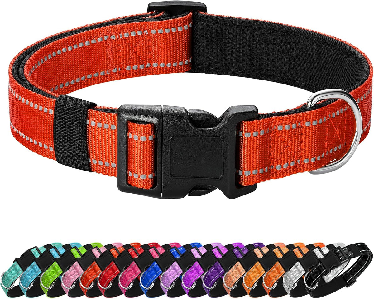 Reflective Dog Collar, Adjustable Nylon for Medium Dogs - Tangerine / L:width 1"neck 17.5-27"