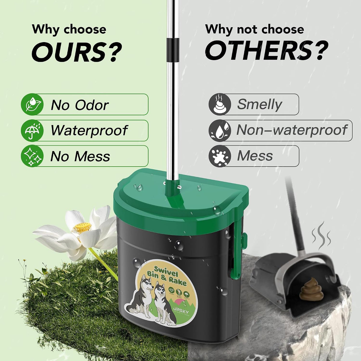 UPSKY 33.4" Dog Pooper Scooper Swivel Bin & Rake Kit with 100 Waste - Dark Green - image 4