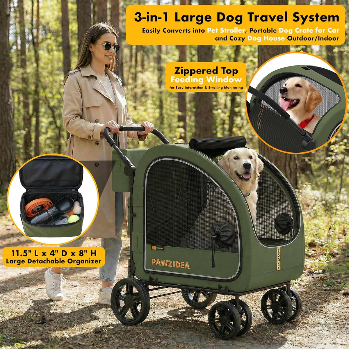 PAWZIDEA 3-in-1 Large Dog Stroller with Detachable Carrier - Forest Green - image 3