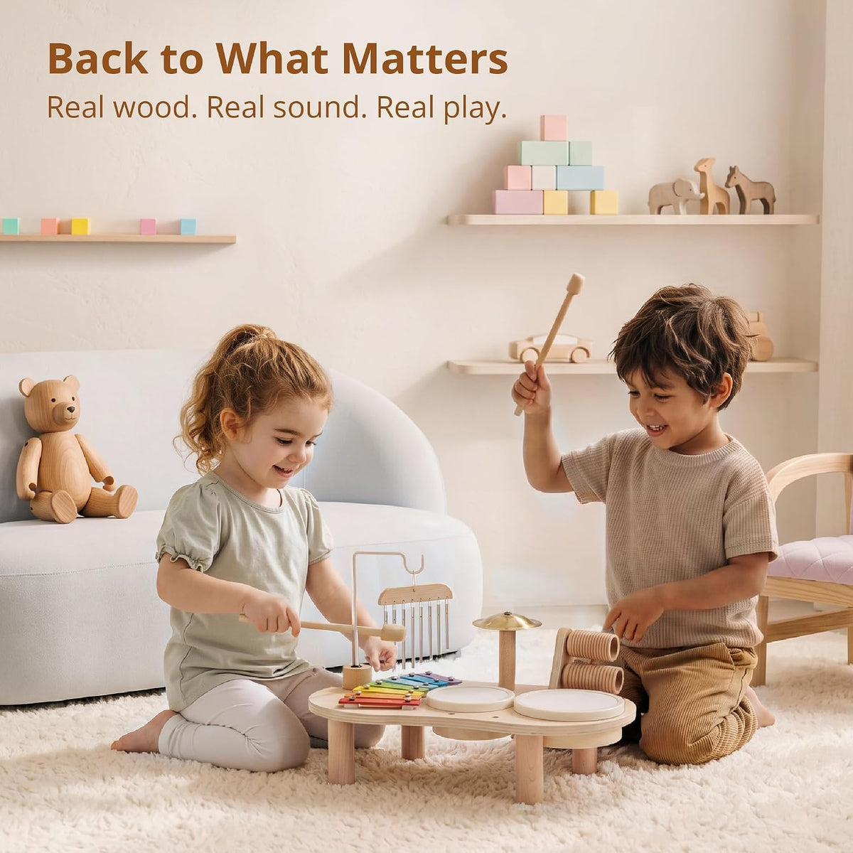 Promise Babe wooden drum set for toddlers with xylophone, cymbals and wind chime - view 4