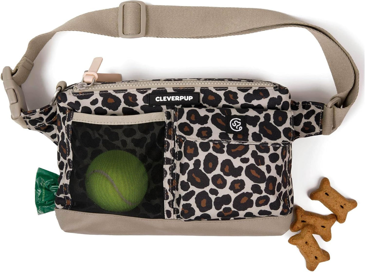 Cleverpup Walk & Train 2-in-1 Dog Walking Bag, Hands-Free - Leopard