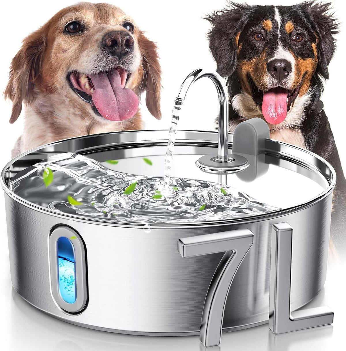 7L/236oz Stainless Steel Dog Water Fountain for Large Dogs & Cats – Essentials for Dogs - Silver / Water Fountain + 1 Filter + 1 Sponge