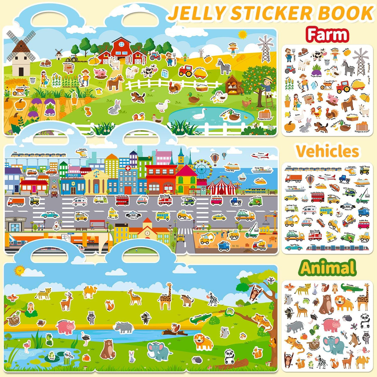 6 Sets Reusable Sticker Book for Toddlers 3-6 - Vehicles+Animals+Ocean+Dinosaurs+Space+Farm - image 4