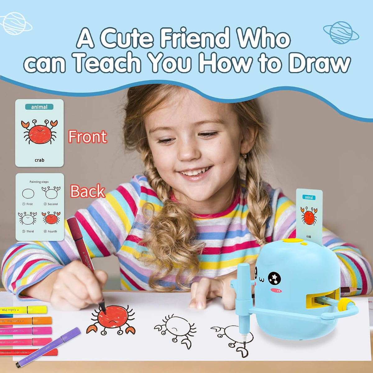 ERYMCS pink drawing robot for kids with picture cards and pens - view 6