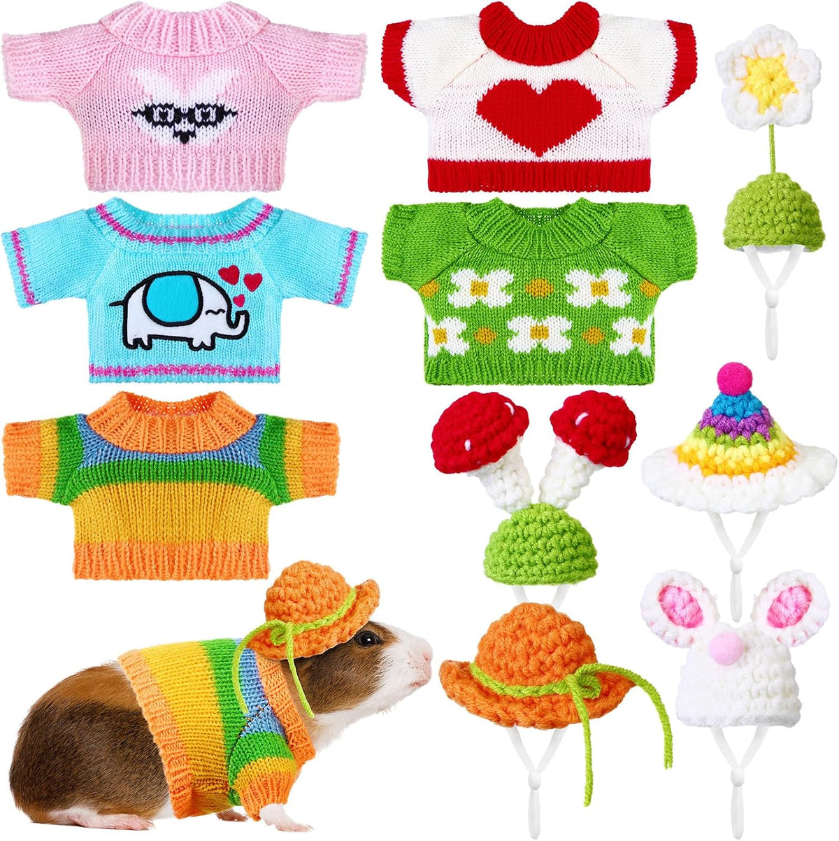 Clysee 10-piece guinea pig clothes set with flannel vests and knitted mini hats - view 3