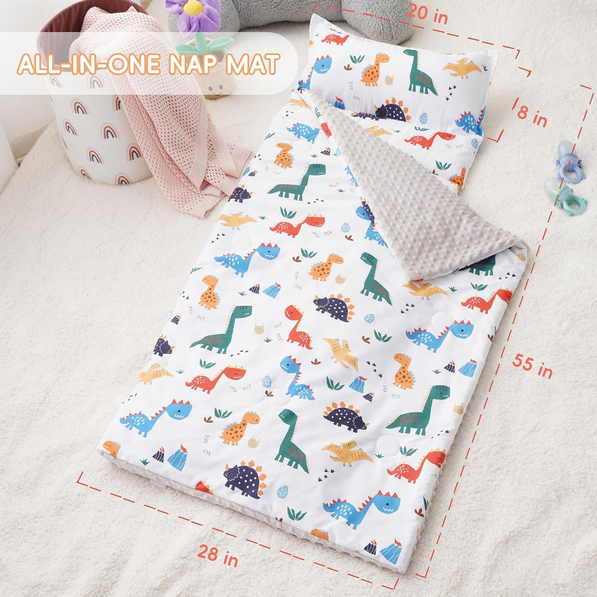 Bunnikins & Clover Toddler Nap Mat with Removable Pillow - Dinosaur White - image 3