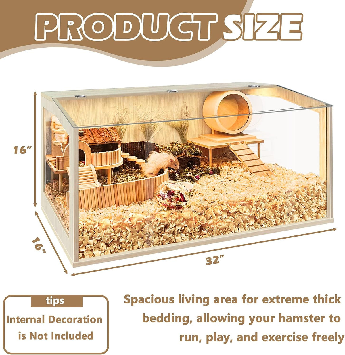 Hamster Cage Chewproof, Large Hamster Cages and Habitats - Natural Oak Wood / 32.0"L x 16.0"W x 16.0"H / Openable Window Roof - image 3