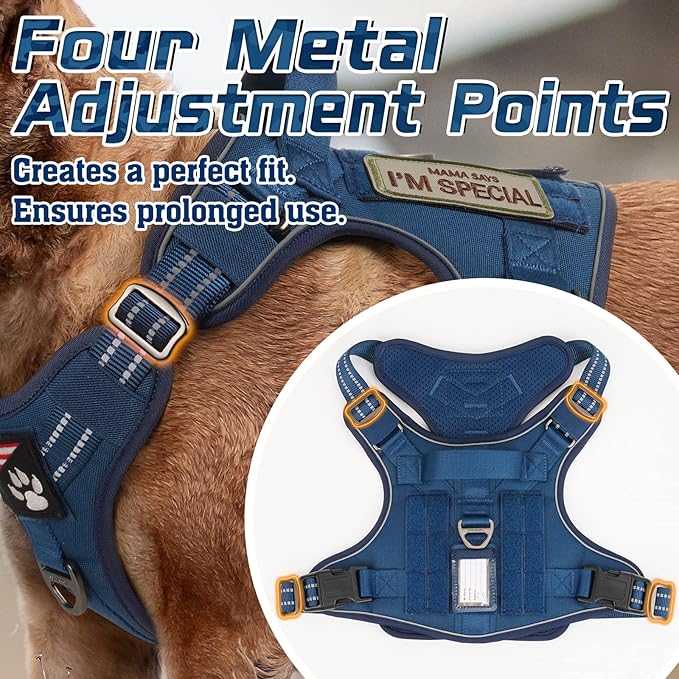 rabbitgoo Tactical Dog Harness for Large Dogs, No Pull Military Service Vest with Handle & Molle, Easy Control for Training Walking, Adjustable Reflective Straps, Blue, L