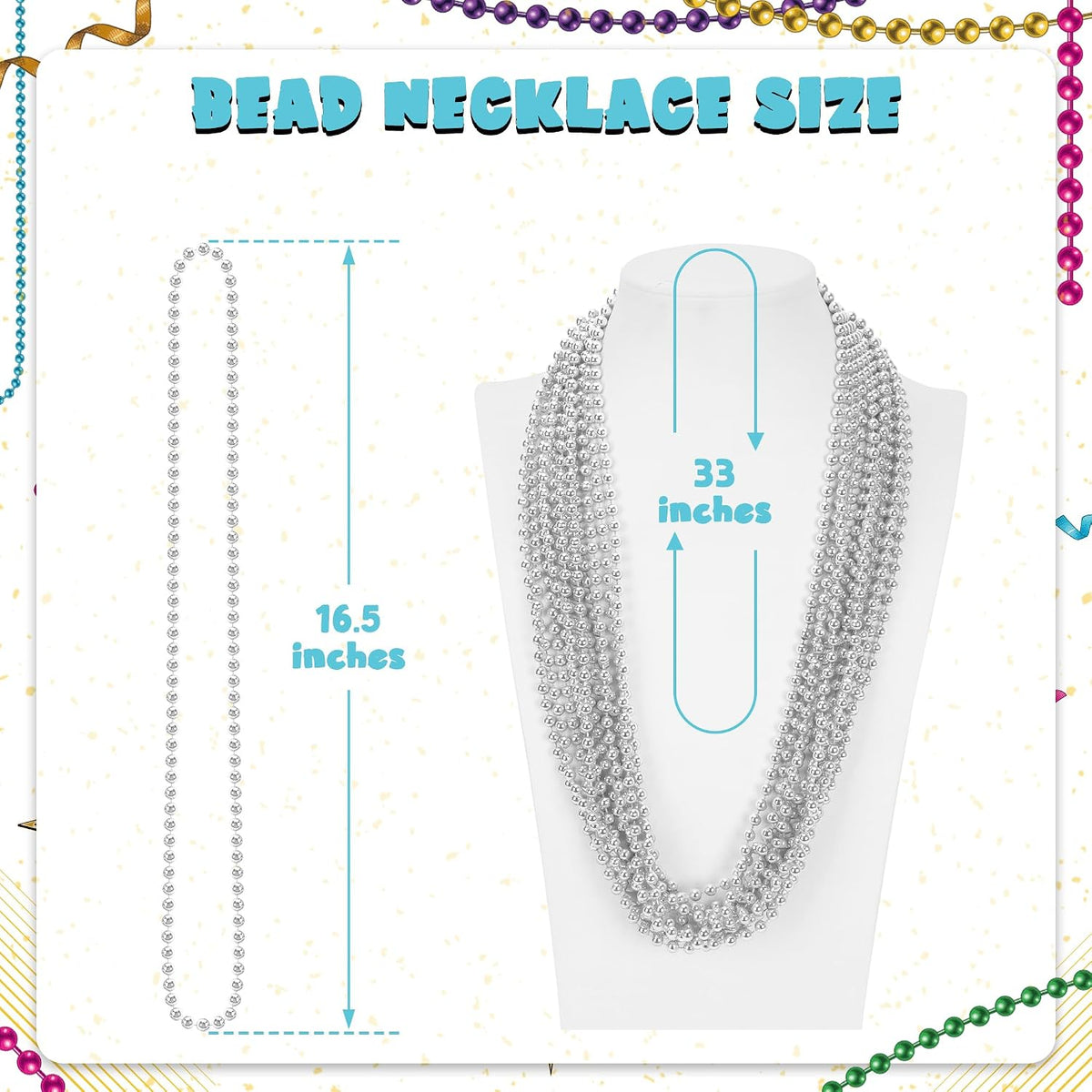 Huskein Bead Necklace, 33" Colorful Mardi Gras Beads Necklaces - Silver / 12 - image 2