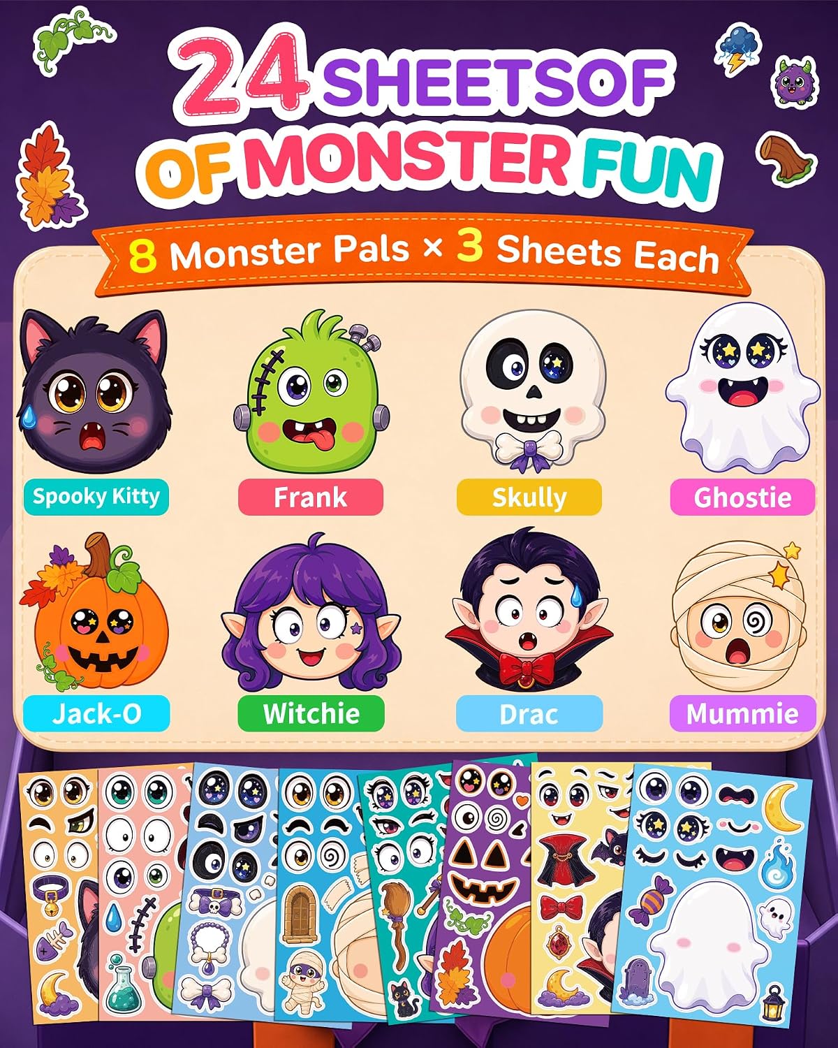 Halloween Stickers for Kids, 24 DIY Face Sheets - Halloween Cute - image 2