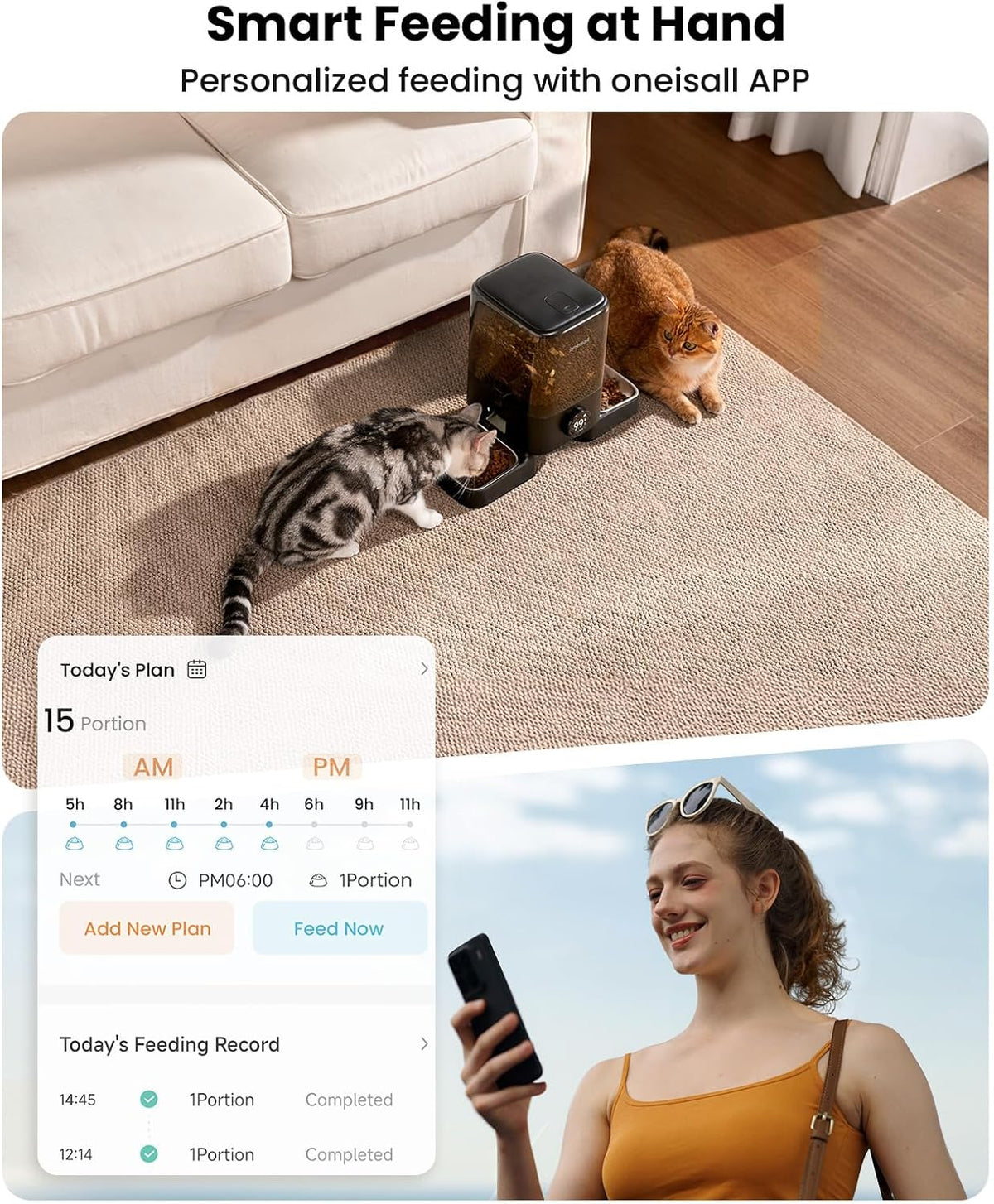 oneisall Automatic Cat Feeder for 2 Cats Pets, 20 Cups/5L – Essentials for Cats - Cordless WiFi - image 3
