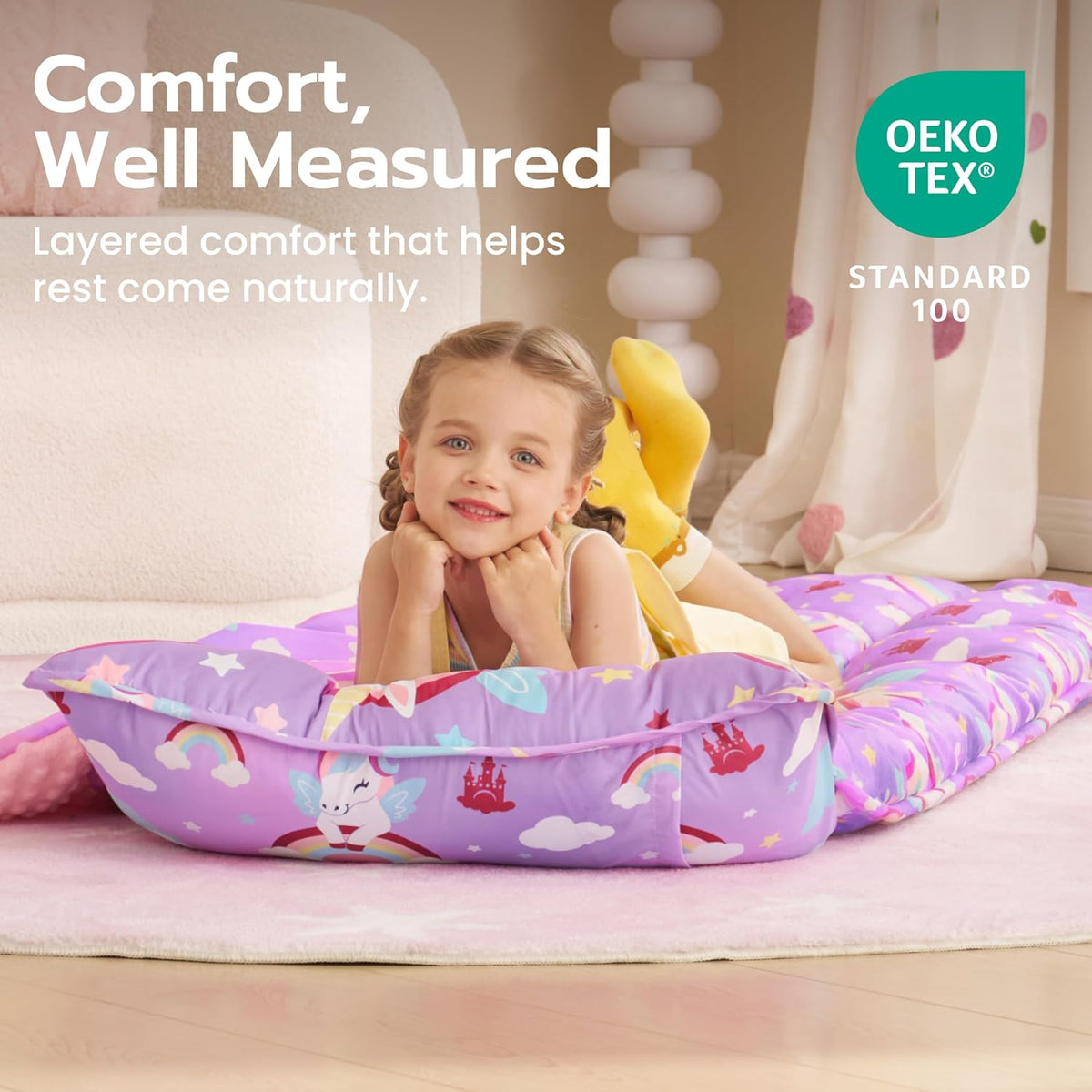 JOIEDOMI Toddler Nap Mat with Removable Pillow and Minky Blanket - Purple Unicorn - image 3