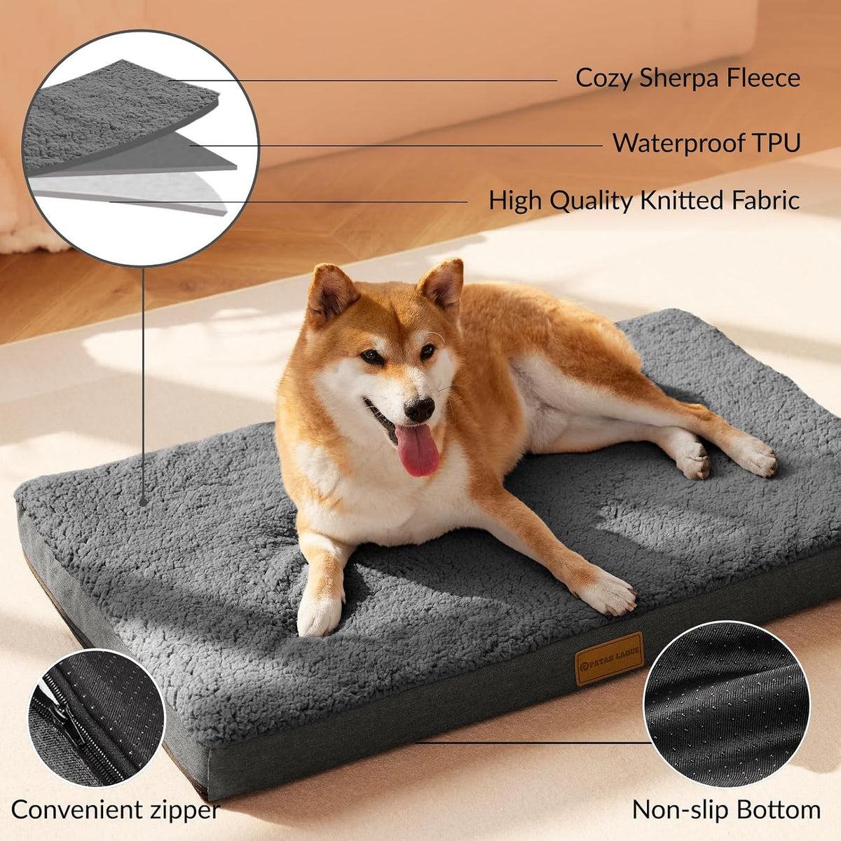 Patas Lague Orthopedic Large Dog Bed Washable Pet Sofa Mat 36''X24'' - 42"L x 28"W x 3.5"Th / Dark Grey - image 3