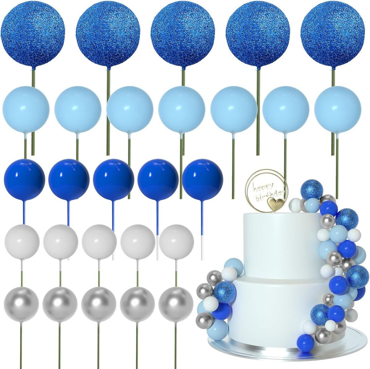 ASTARON 50 Pcs Ball Cake Topper Sticks Mini Balloons for Cake - Blue Series