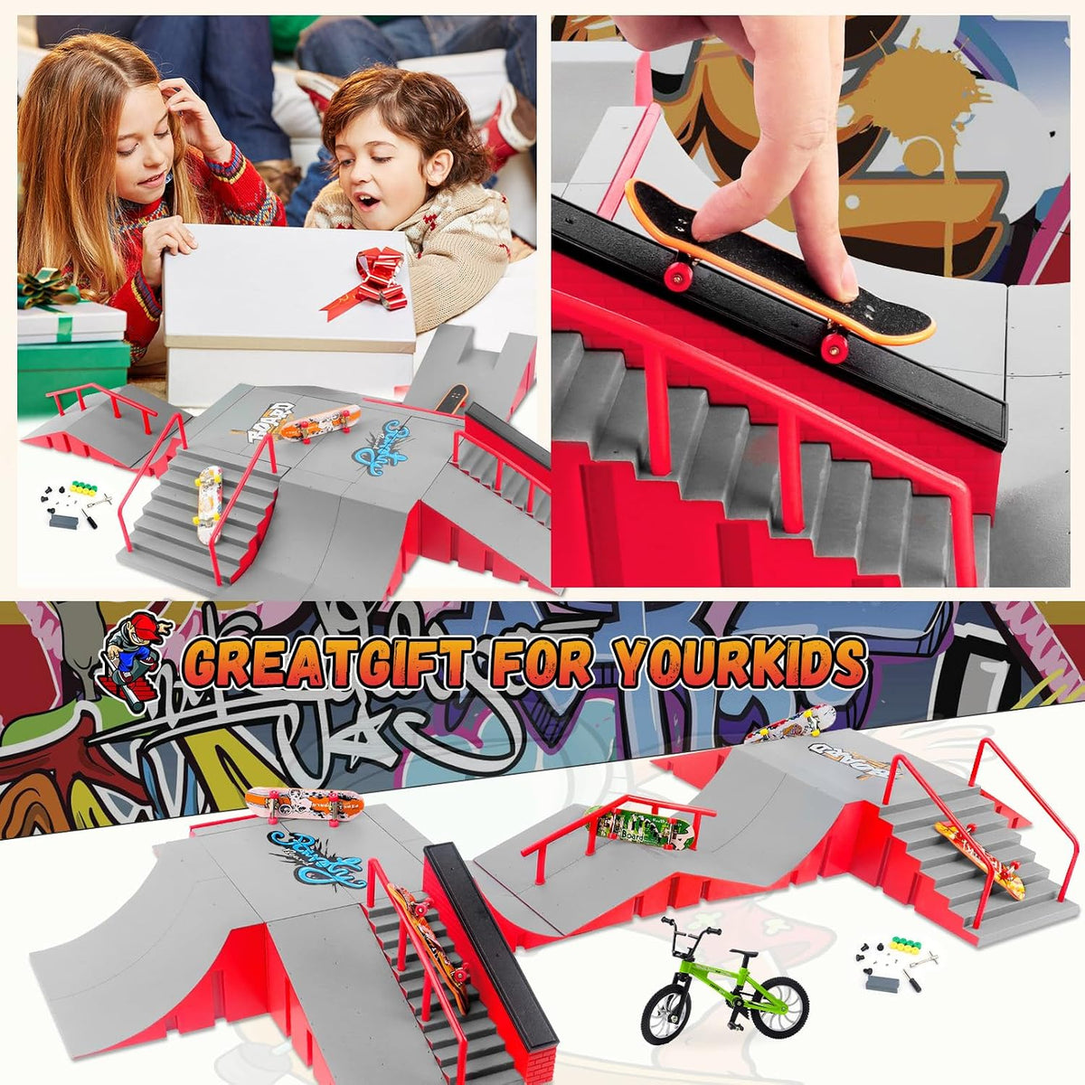 RNGODO 14-in-1 fingerboard skatepark set with ramps, rails, 8 finger skateboards and finger bike - view 16