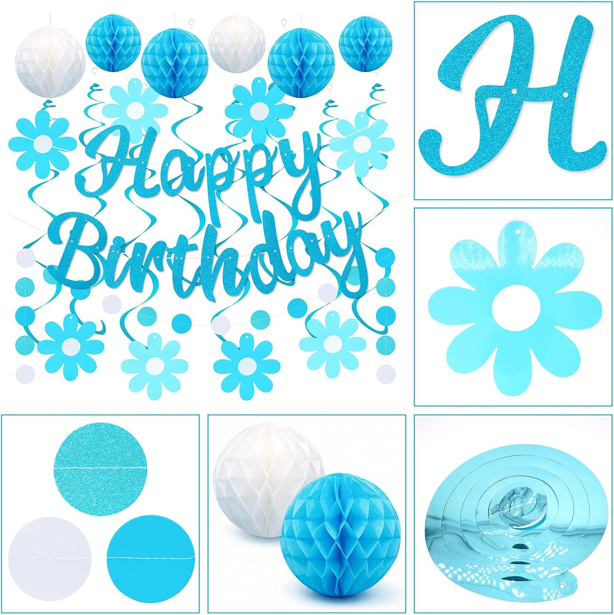 YEOCU Birthday Decorations - Blue&while / Flower - image 3