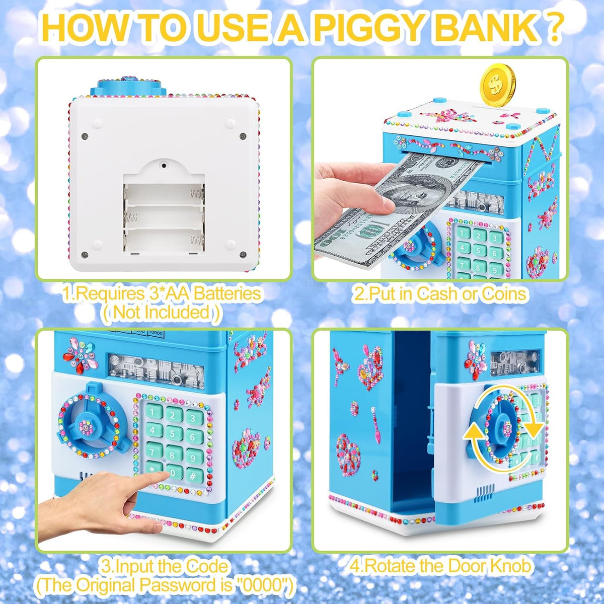 Piggy Bank for Kids Girls Boys with Password Code Lock Cash Coin Can - Blue - image 4