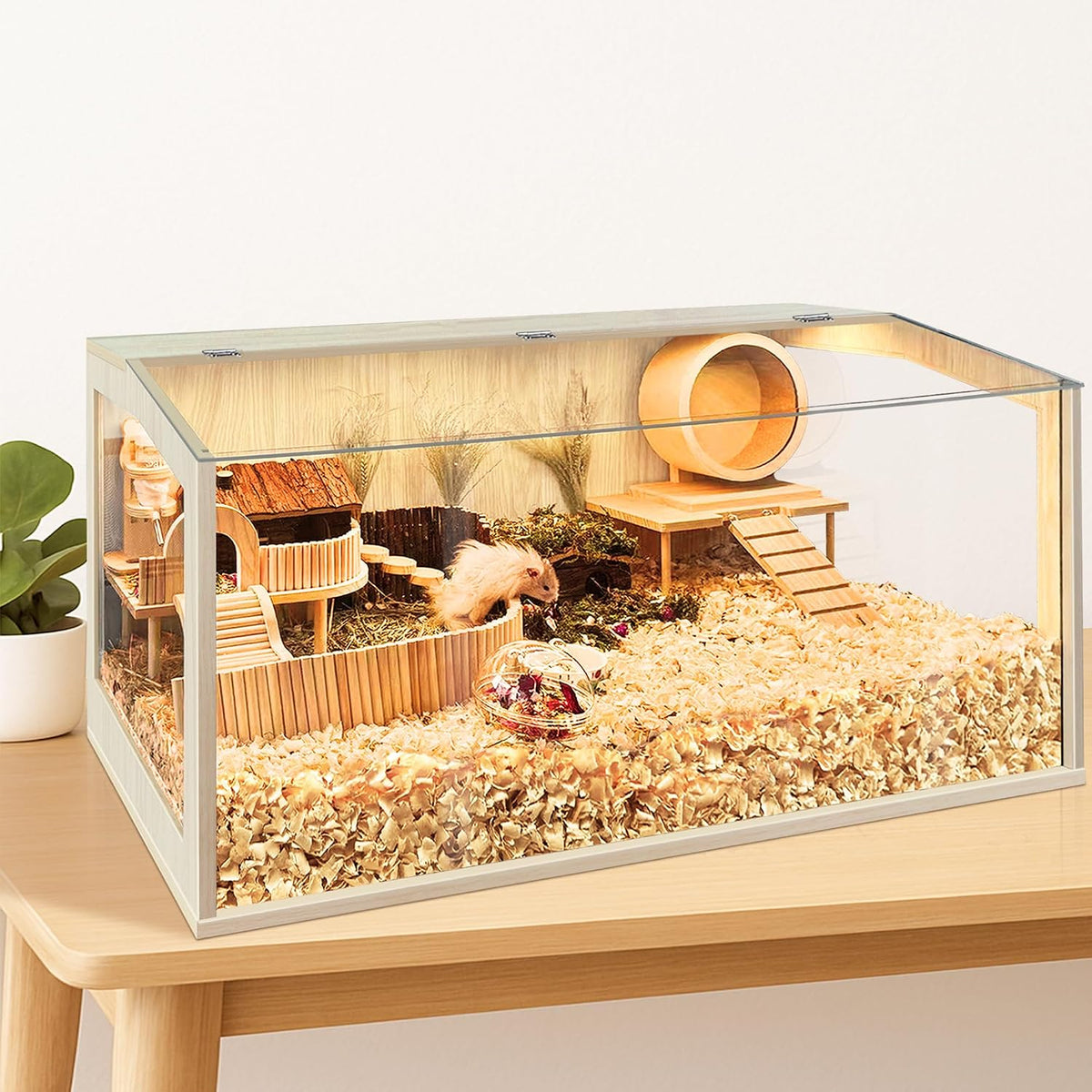 Hamster Cage Chewproof, Large Hamster Cages and Habitats - Natural Oak Wood / 40.0"L x 20.0"W x 20.0"H / Openable Window Roof - image 4