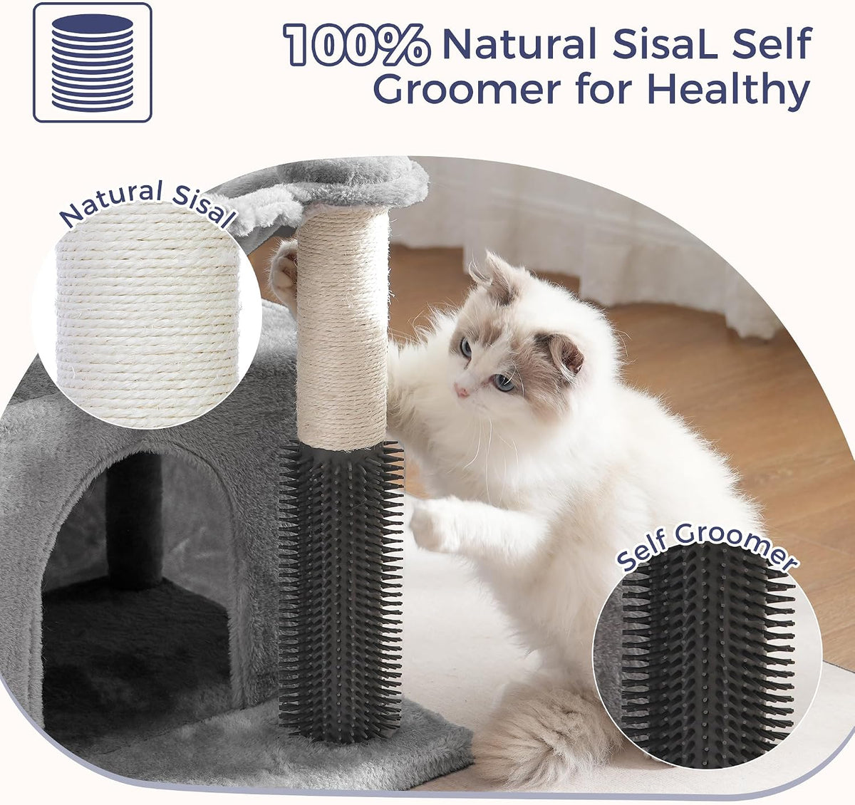 Cat Tree 32” Small Cat Tower with Large Hammock 16”& Self Groomer – Essentials for Cats - Medium-32" / Gray - image 4