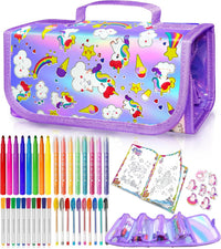 weirtoya 56 PCS Washable Scented Markers Set with Glitter Pencil Case - Light Purple Unicorn