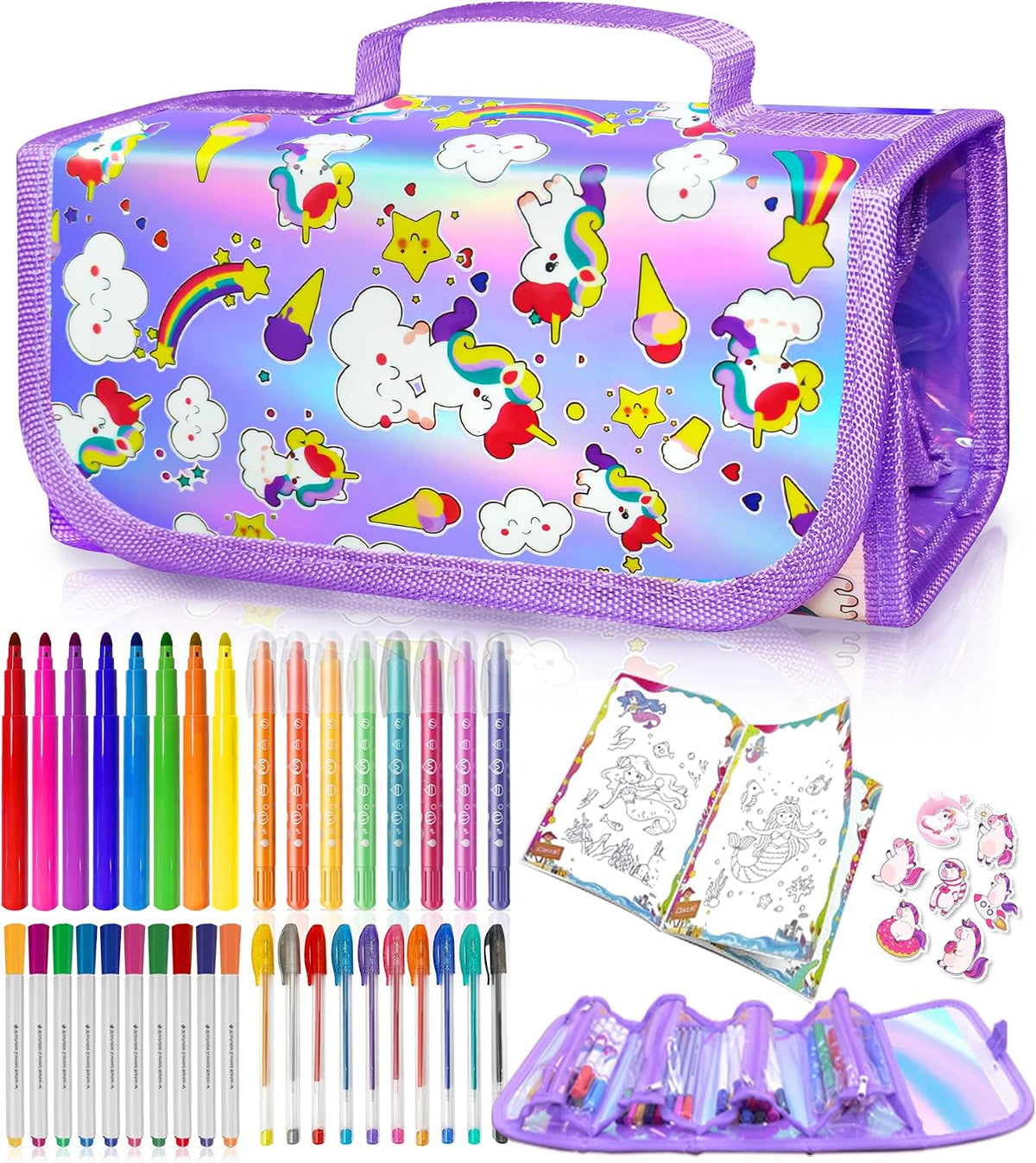 weirtoya 56 PCS Washable Scented Markers Set with Glitter Pencil Case - Light Purple Unicorn