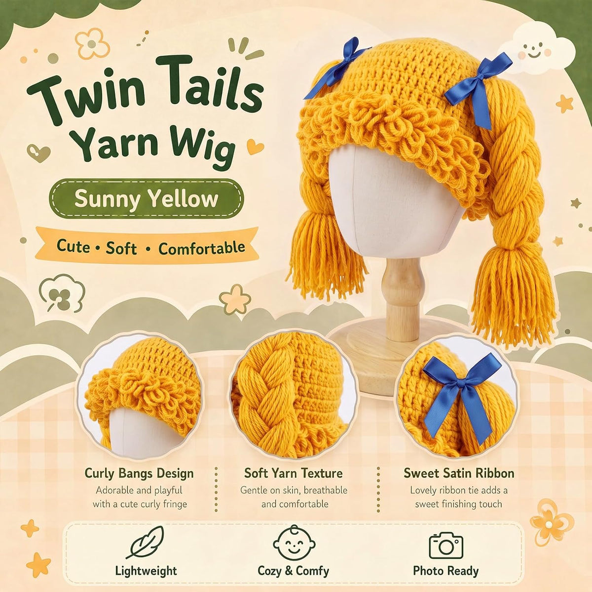 Halloween Cabbage Costume Yarn Wig - Yellow 4 / Long Braided Pigtails - image 3