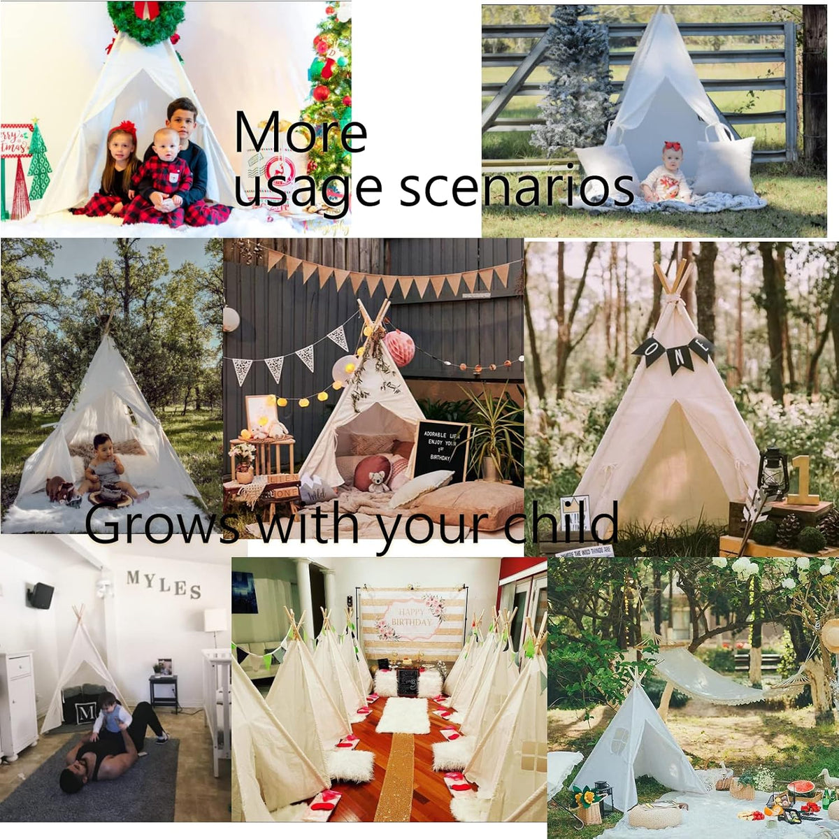 RongFa white canvas teepee tent for kids with wooden poles, flap door and mesh window - view 13