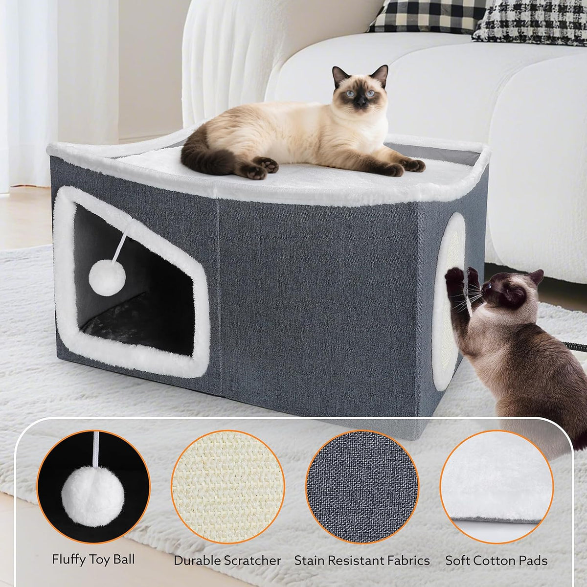Heated Cat House for Indoor, Large Cat Bed with Heating Pad - Dark Gray / 24.5 x 16.5 x 13 " - image 3