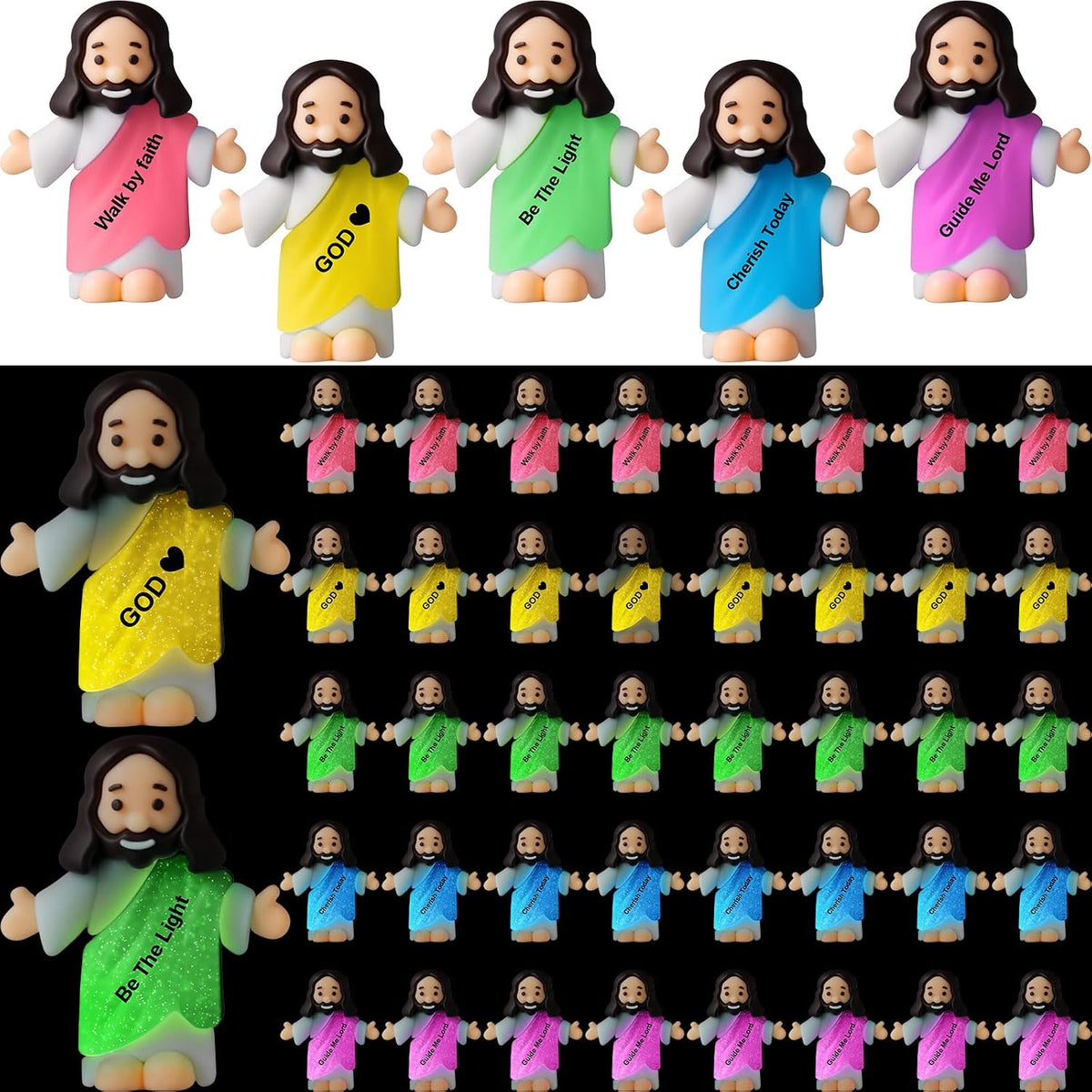 CroBlissful 50 little Jesus figurines that glow in the dark, five colors