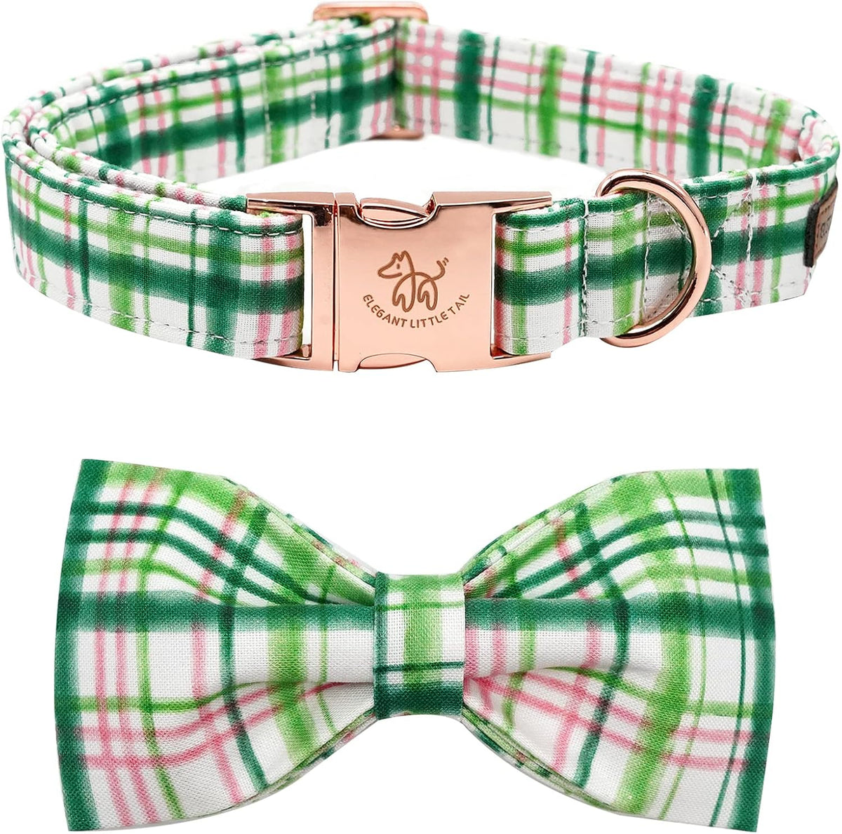 Dog Collar with Bow, Elegant Little Tail Blue Plaid Boy Dog Collar Cute Bow – Essentials for Dogs - Pink&Green / Small (Pack of 1)