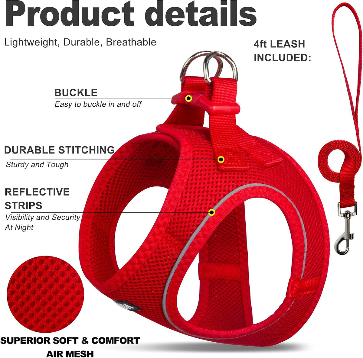 Fida Cat Harness and Leash Set for Walking Kitten and Puppy - S (Neck:12.6"-13.8"; Girth:16.1"-17.7") / Fiery Red - image 2