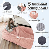 Human Dog Bed, 71''x45''x12'' Size Fits You and Pets, Washable Faux Fur Pet Bed for People Doze Off, Napping Orthopedic Dog Bed, Present Plump Pillow, Blanket, Strap - Pink