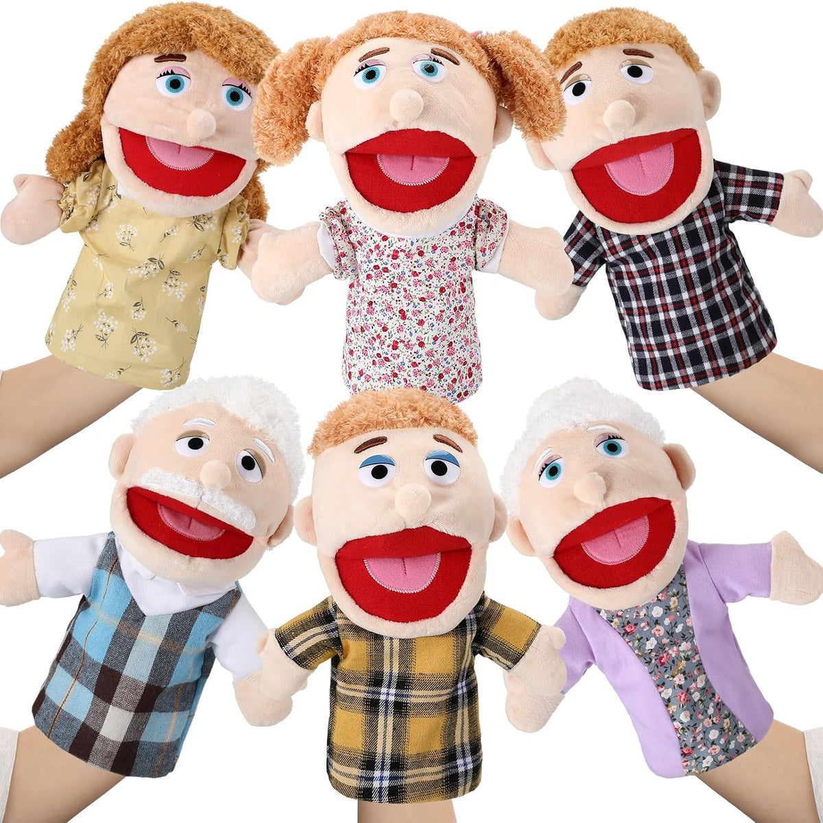 Lenwen 6 African American family hand puppets with movable mouths and colorful clothes