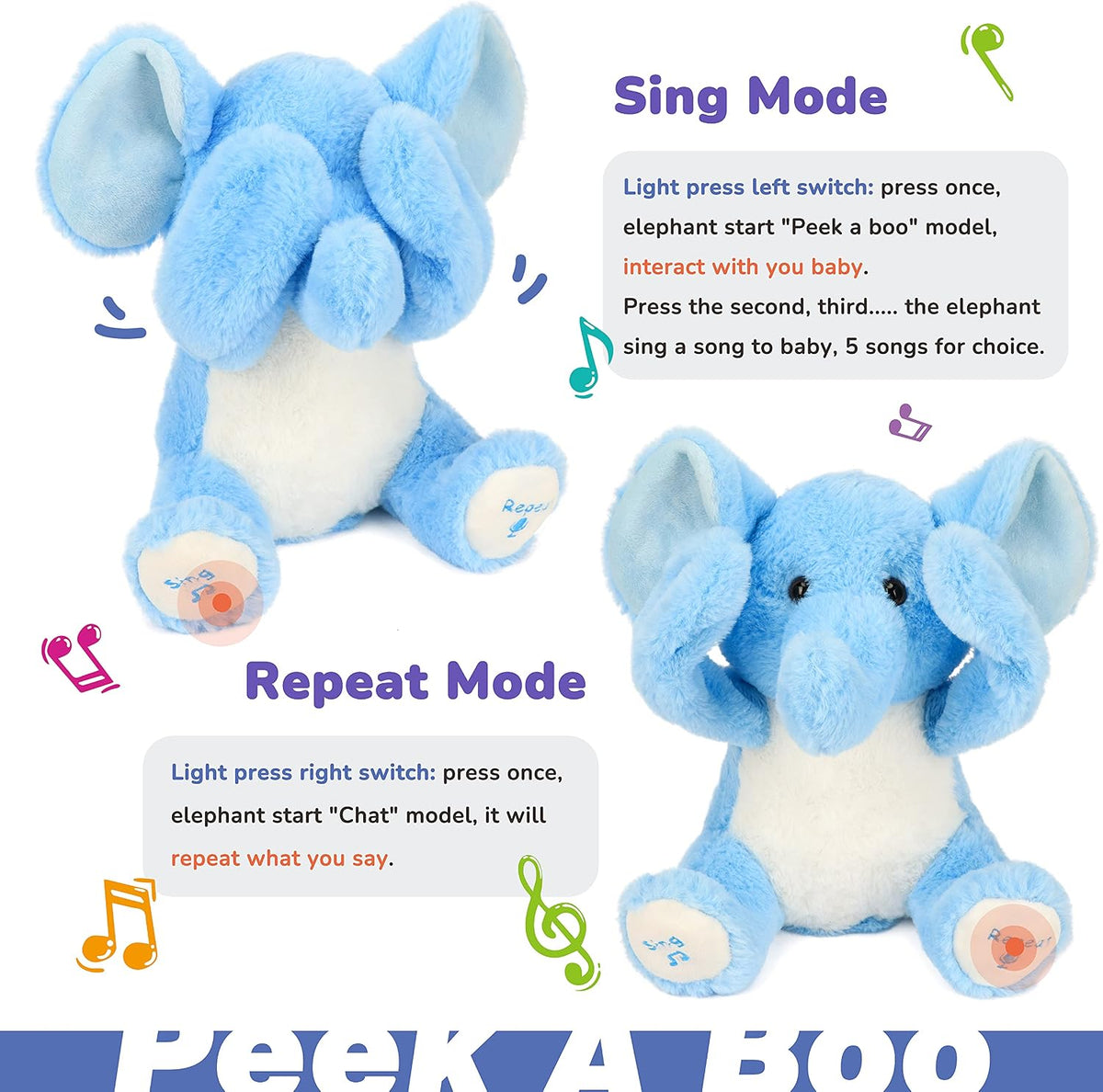 Hopearl Peek A Boo Cow Interactive Repeats What You Say Plush Diary - Elephant - image 4