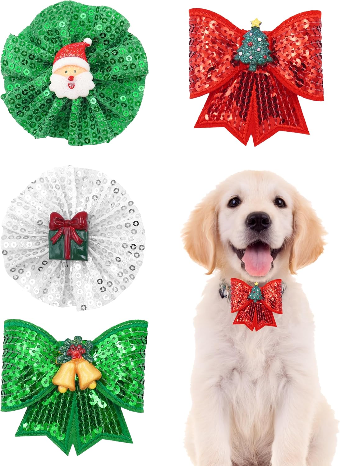 PET SHOW Holiday Dog Bowties Flowers for Small Dogs Slide on Collar – Essentials for Dogs - Christmas-4pcs